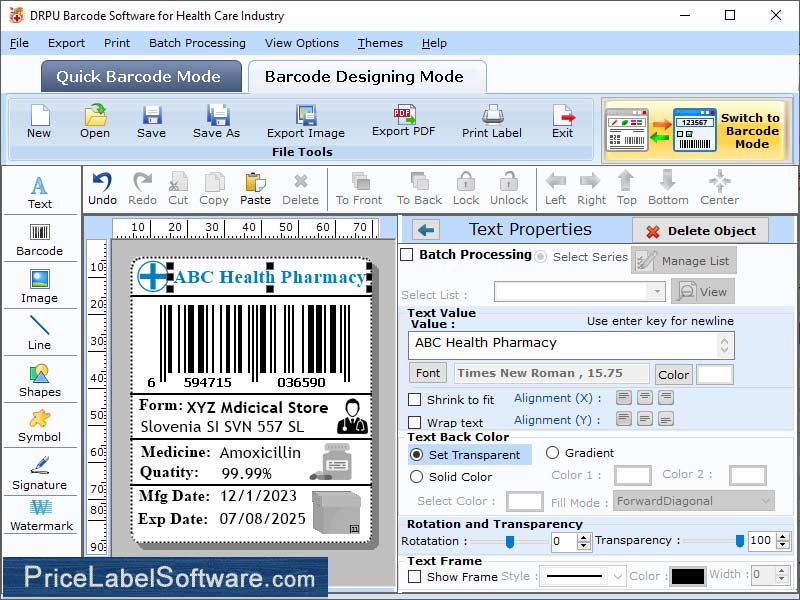 Healthcare Barcode Labeling Tool screenshot